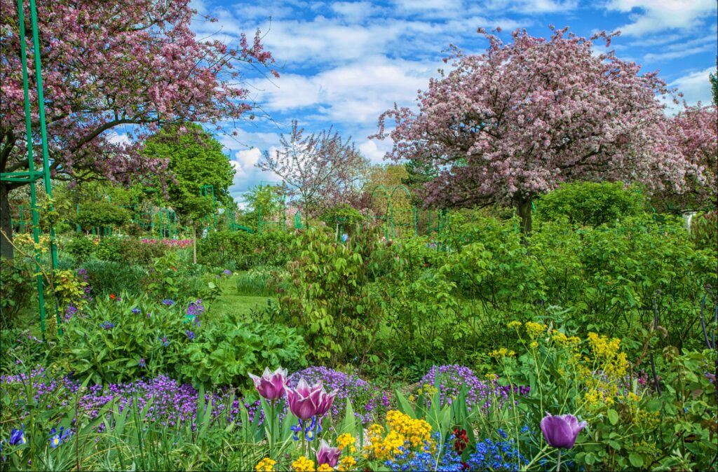 Vibrant HDR garden wallpaper with blooming trees colorful flowers and dense shrubs in spring