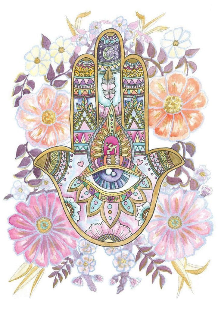 Vibrant Hamsa hand wallpaper with geometric patterns golden accents protective eye floral background