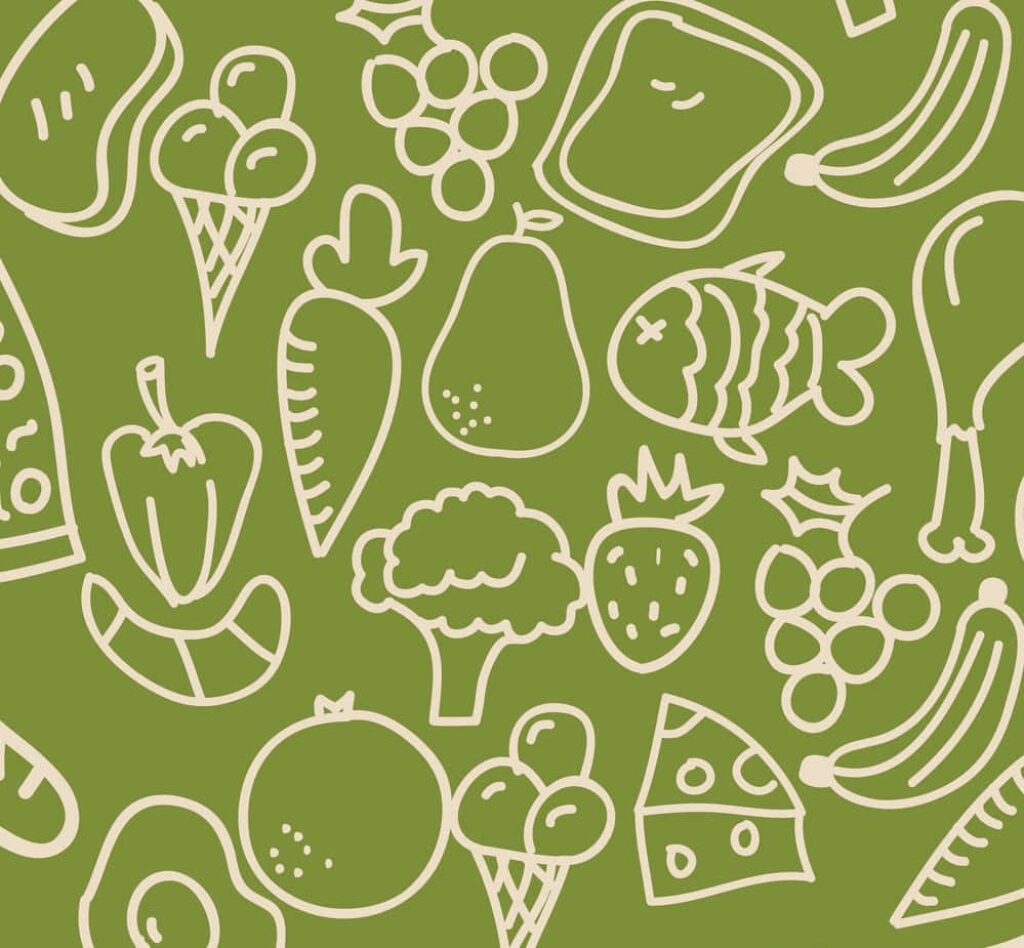 Vibrant Green Wallpaper: Hand-Drawn Food Pattern Design