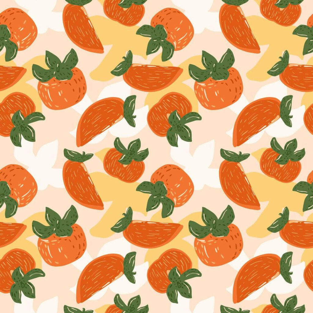 Vibrant Hand-Drawn Persimmon Wallpaper on Soft Pastel Background