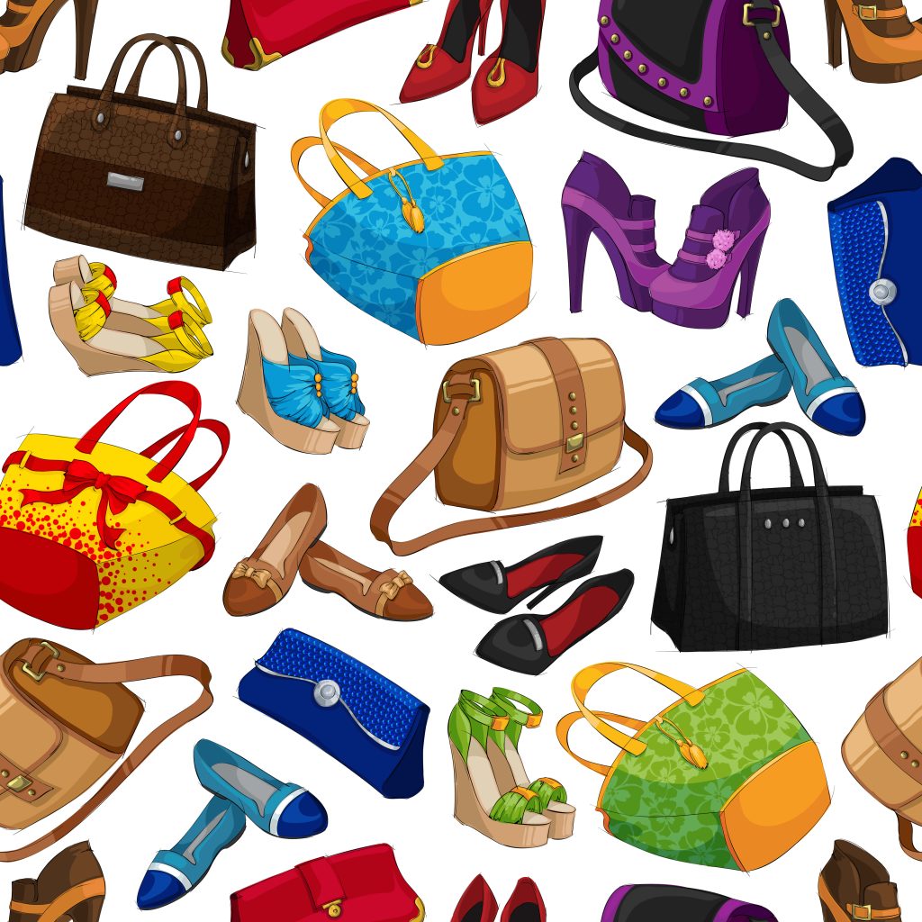 Vibrant doodle art wallpaper with colorful handbags shoes seamless pattern on white background