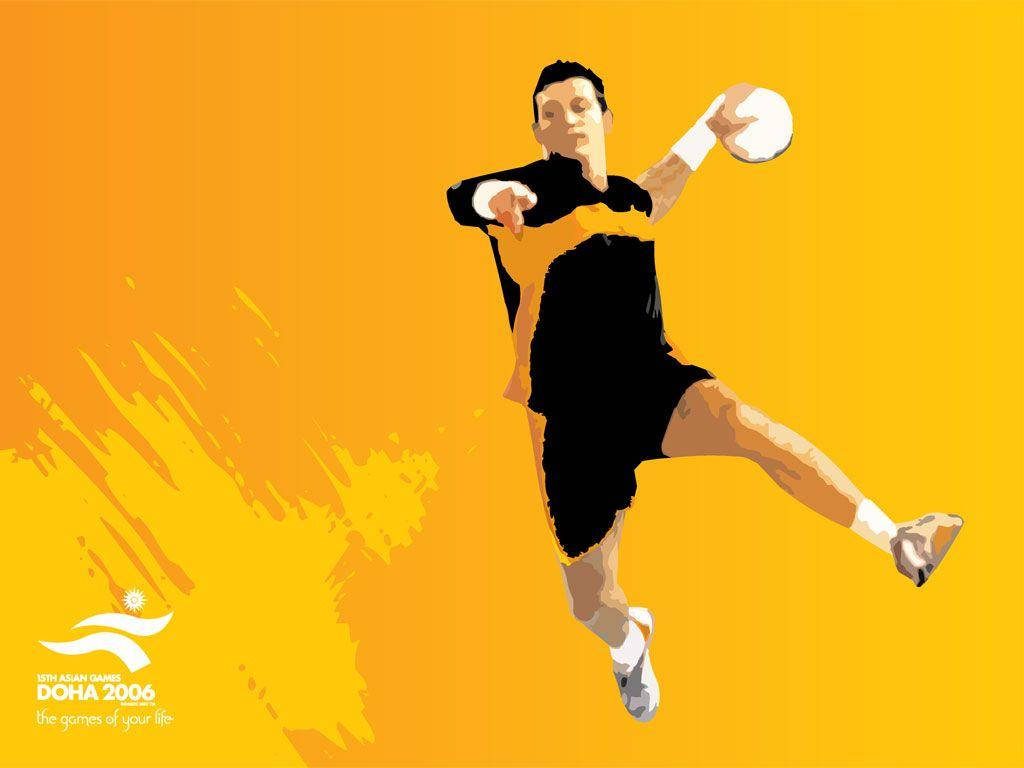 Dynamic handball player jumping throw digital art Asian Games Doha 2006 vibrant wallpaper