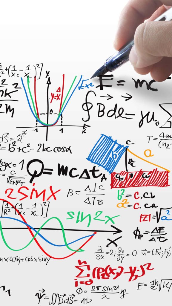 Close-up of hand writing colorful physics equations and graphs on white background study wallpaper
