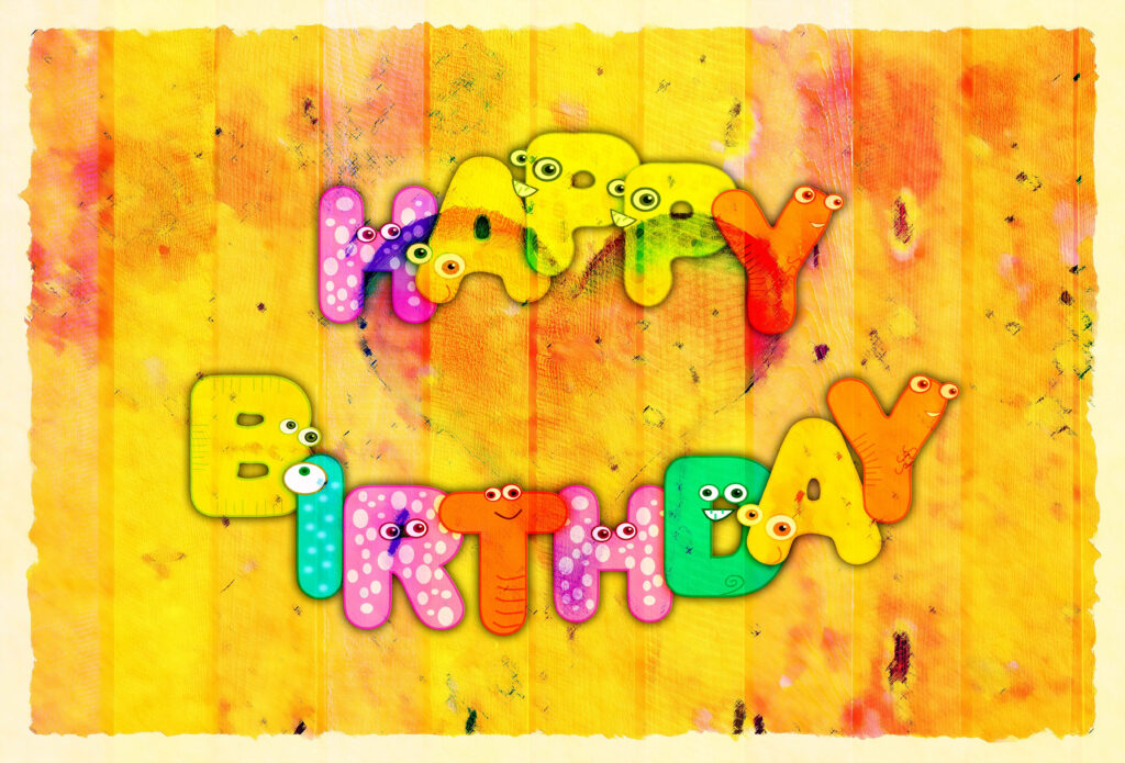 Playful Happy Birthday Wallpaper: Colorful Cartoon Design on Yellow