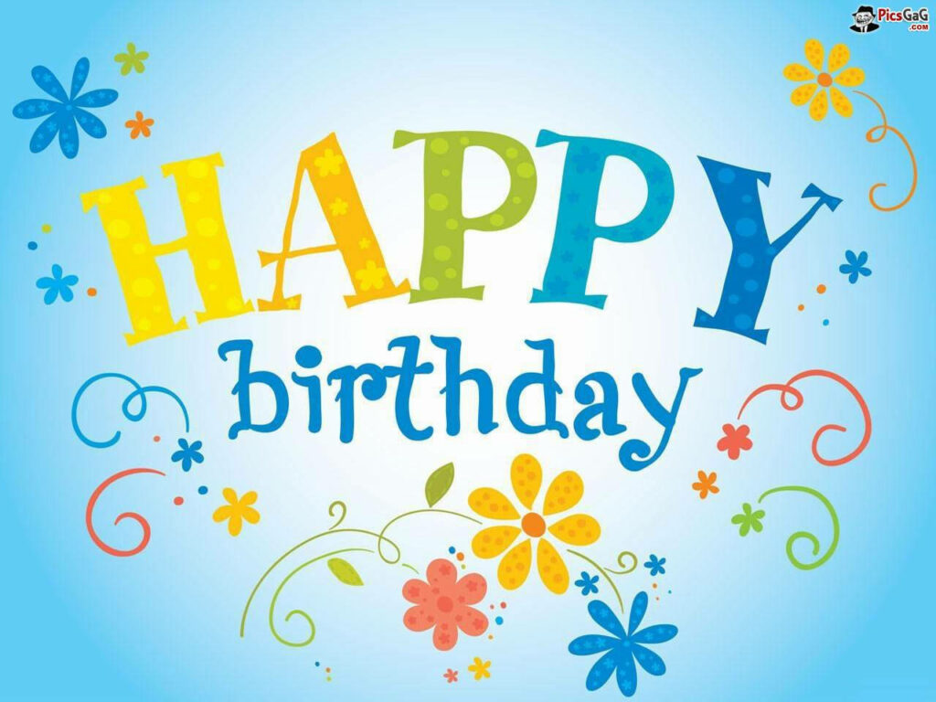 Vibrant Happy Birthday Wallpaper with Floral Designs & Light Blue Background