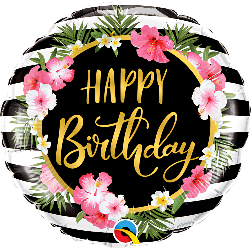Vibrant Happy Birthday Wallpaper with Gold Letters & Tropical Flowers