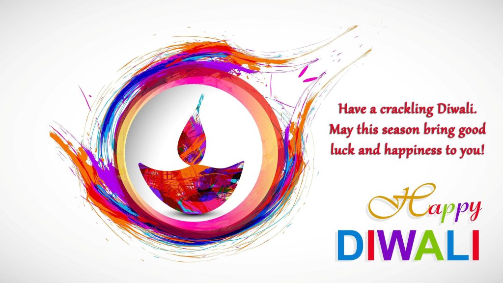 Vibrant Happy Diwali wallpaper with stylized diya lamp and colorful abstract paint splashes on white