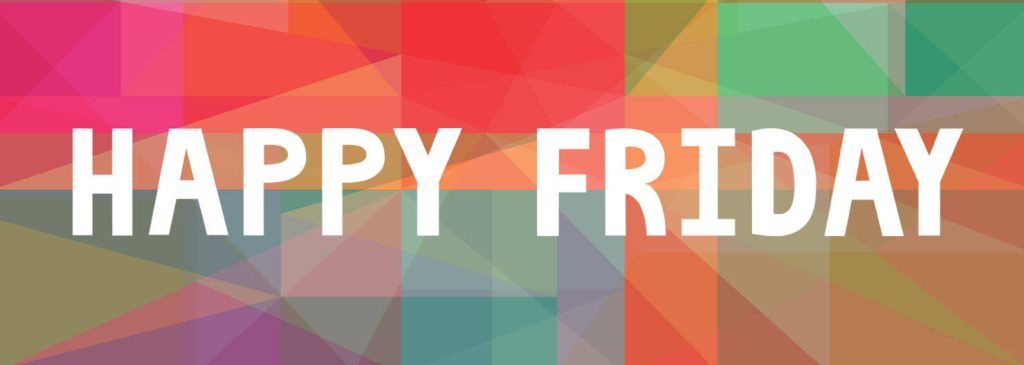 Happy Friday wallpaper with bold white text over colorful translucent geometric triangle background