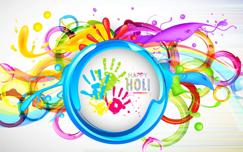 Vibrant Holi wallpaper with colorful handprints paint splashes and Happy Holi text celebration