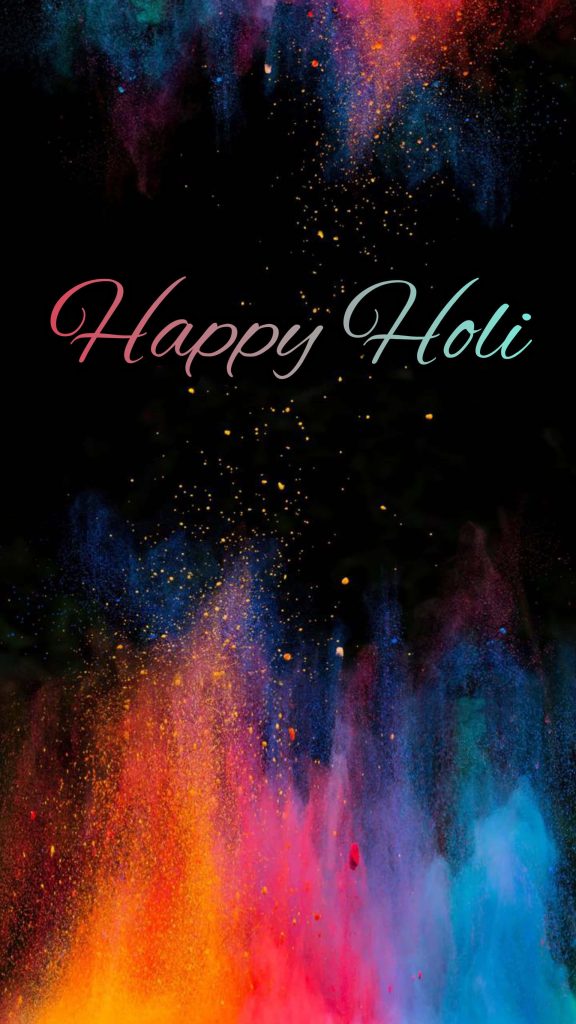 Vibrant Happy Holi wallpaper with neon gulal powder explosion on black background festive colors