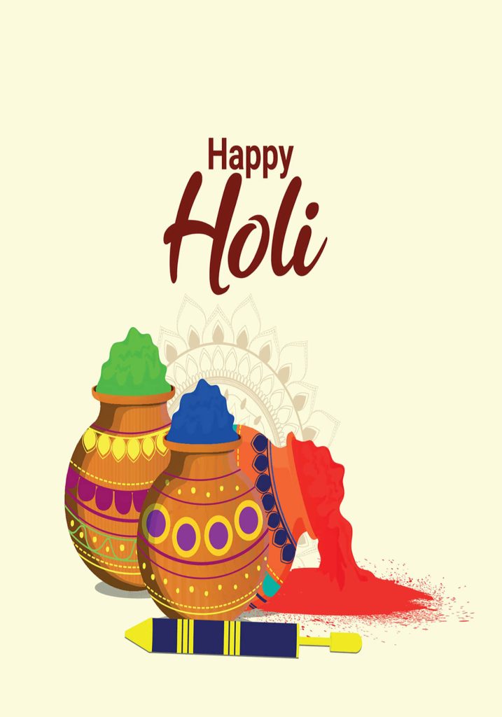 Happy Holi wallpaper vibrant decorative earthen pots colorful gulal pichkari festive mandala background