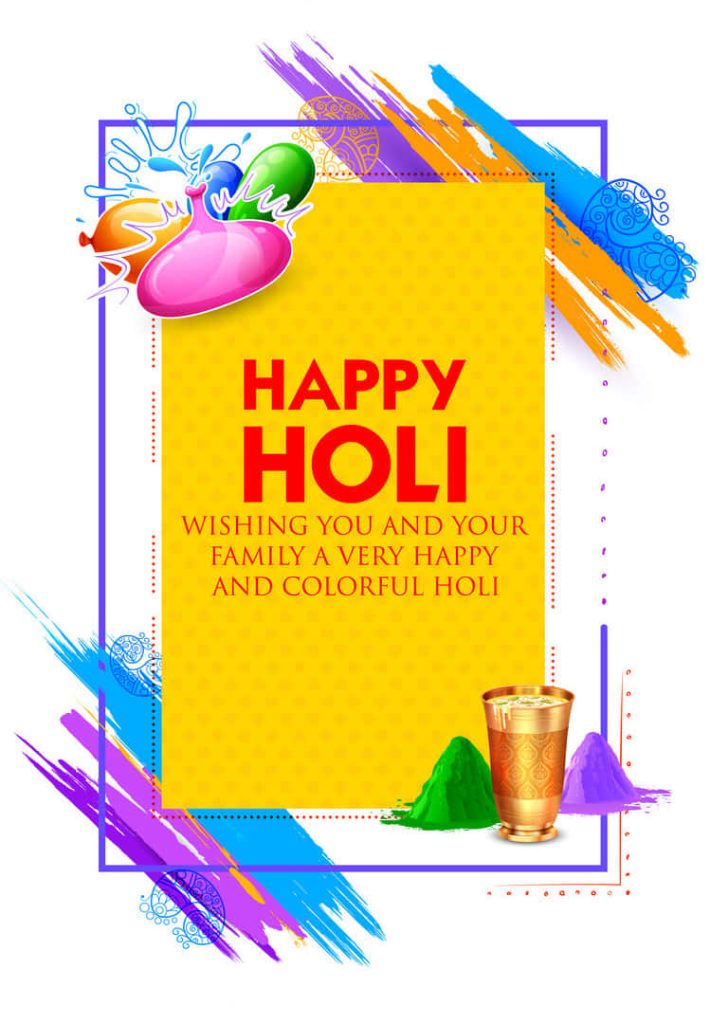 Vibrant Holi wallpaper with Happy Holi text colorful paint splashes gulal powder and Thandai glass