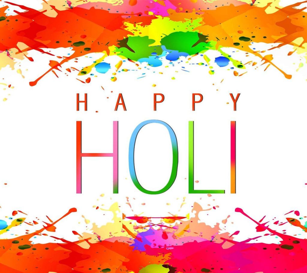 Vibrant Happy Holi wallpaper with colorful paint splashes and festive text on white background