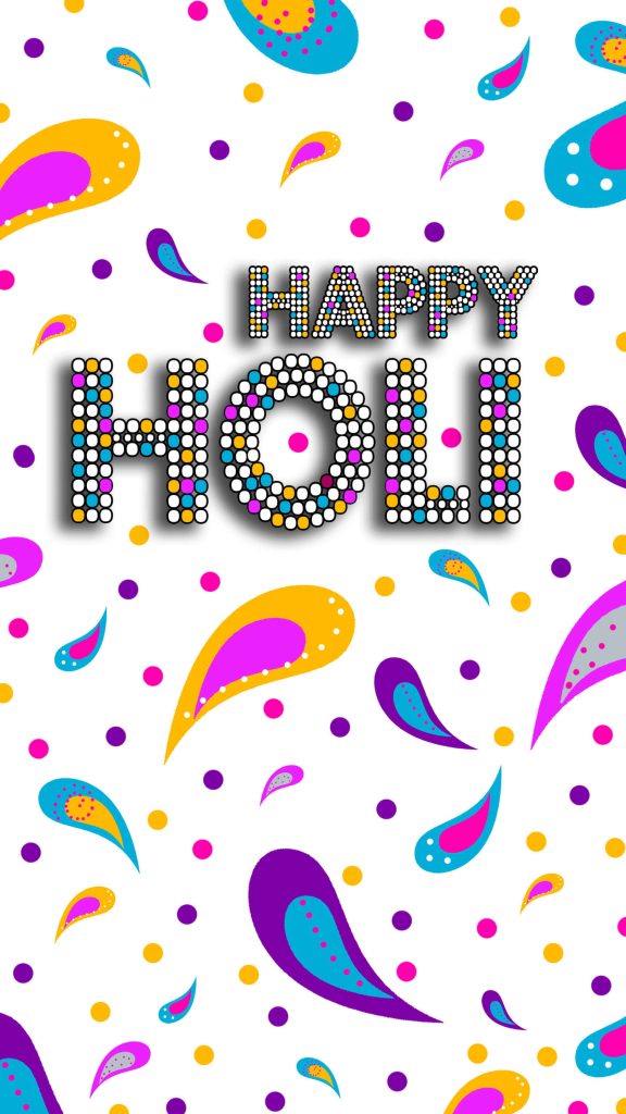 Happy Holi wallpaper with colorful dotted text paisley patterns and bright confetti on white background