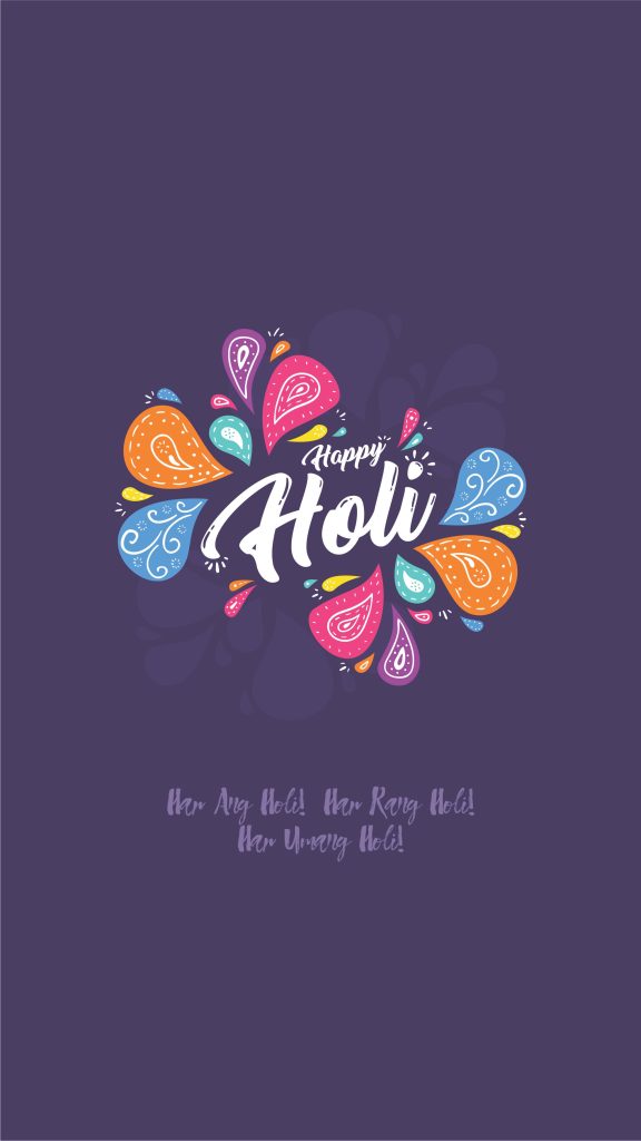 Happy Holi wallpaper with vibrant paisley motifs and festive typography on purple background