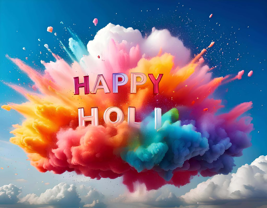 Vibrant Happy Holi wallpaper with colorful powder explosion and bright blue sky background