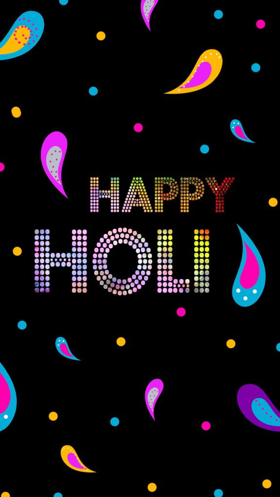 Happy Holi wallpaper with colorful dot matrix text neon paisley shapes festive confetti background