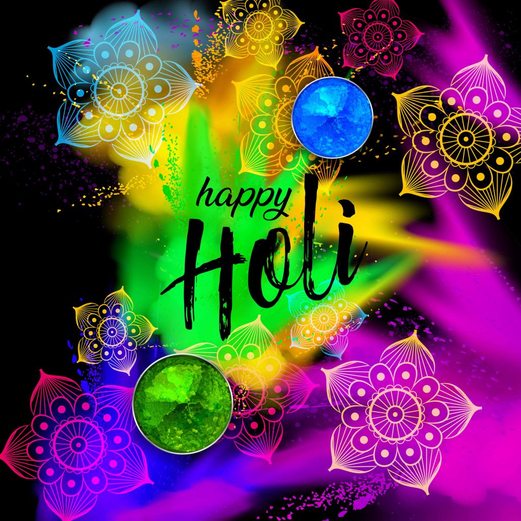 Vibrant Happy Holi wallpaper with neon powder burst mandala art and color bowls on black background