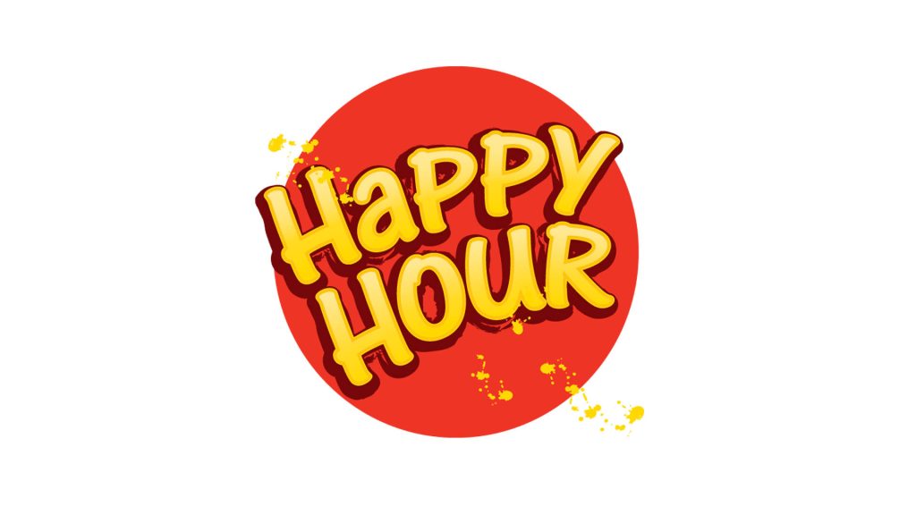 Happy Hour wallpaper with bold yellow distressed text on vibrant red circle and paint splatters