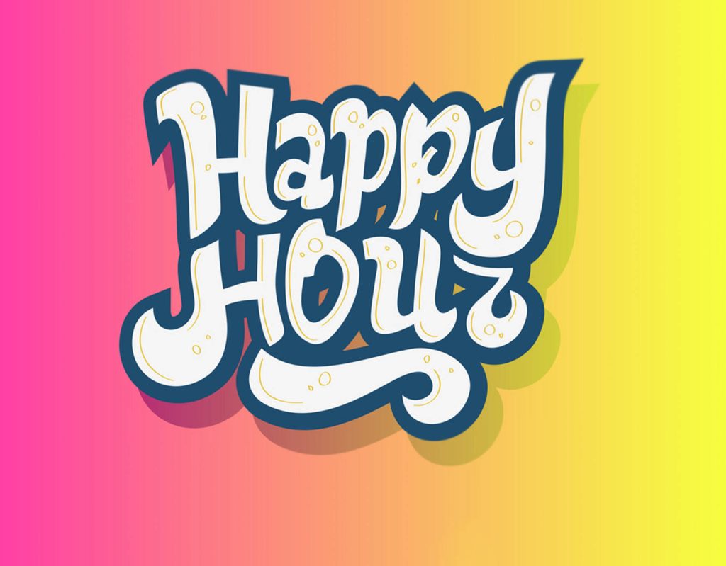 Vibrant Happy Hour wallpaper with bubbly white text on a pink to yellow gradient background