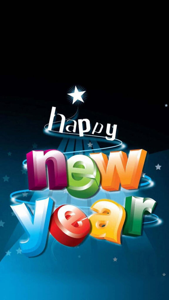 Vibrant Happy New Year 3D text wallpaper with colorful stars glowing white star blue background