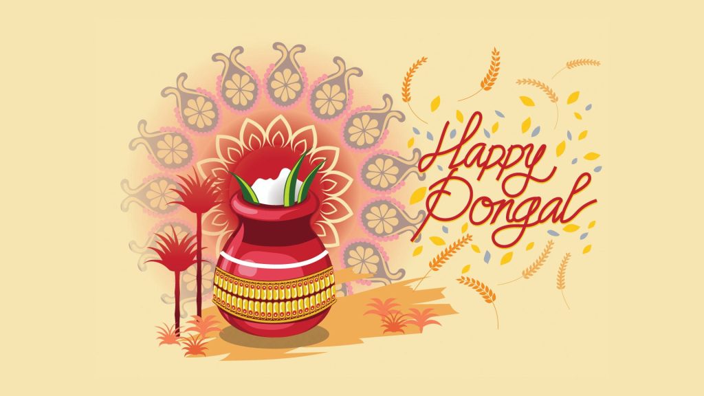 Happy Pongal digital illustration with clay pot rice sugarcane paisley festive wallpaper background
