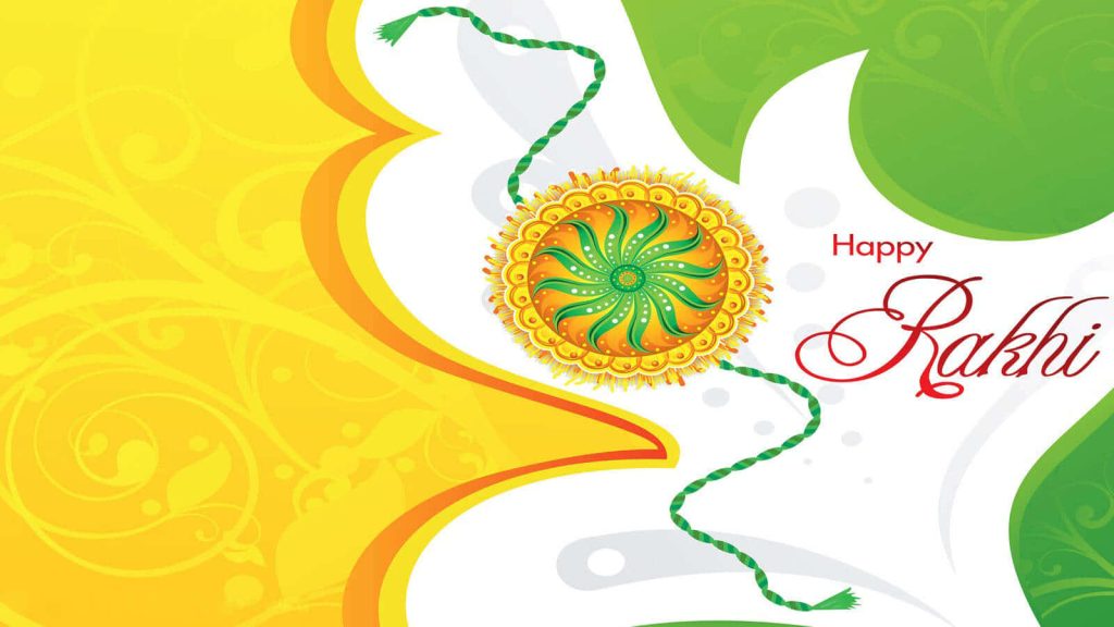 Colorful Rakhi with Happy Rakhi script on yellow green floral background festive wallpaper
