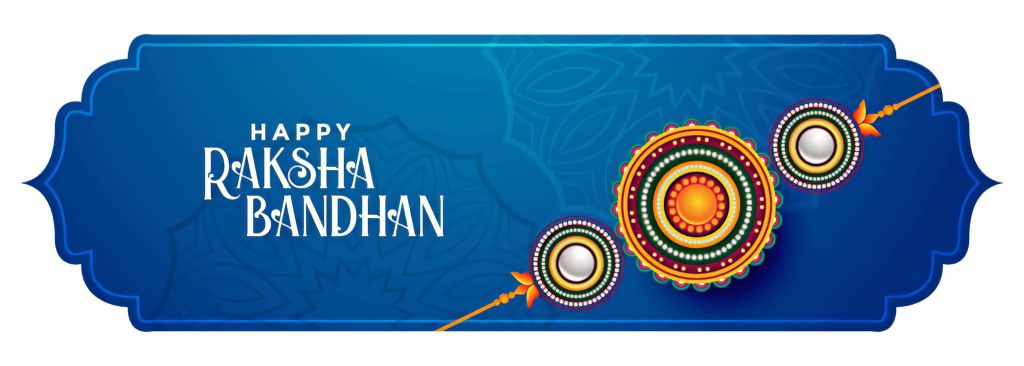 Happy Raksha Bandhan banner with colorful Rakhi bracelets on deep blue mandala background wallpaper
