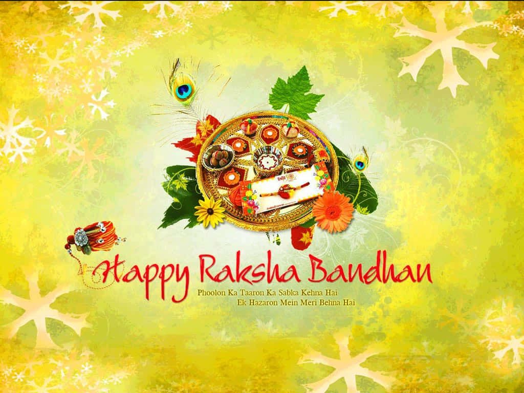 Happy Raksha Bandhan wallpaper with traditional thali flowers and sacred Rakhi on yellow background