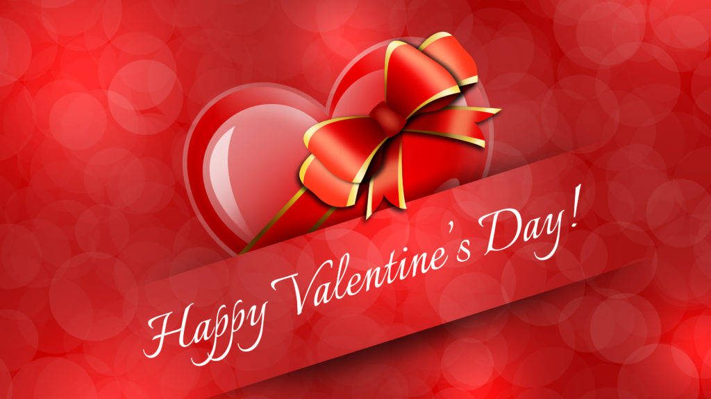 Glossy 3D red heart with ribbon on glowing red bokeh Happy Valentines Day wallpaper background