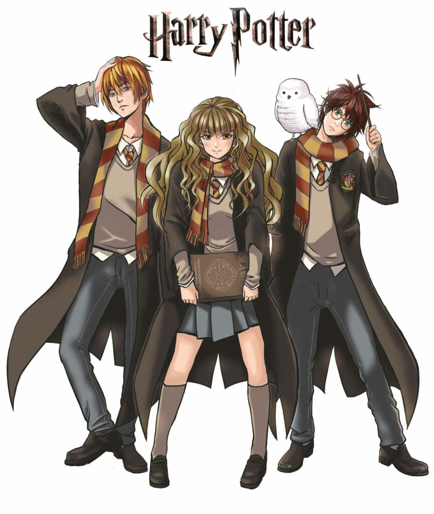 Vibrant Anime Wallpaper of Harry, Hermione & Ron | Hogwarts Art