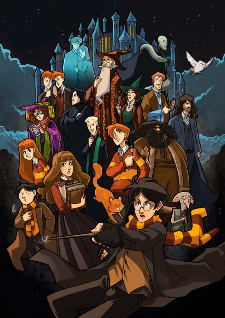 Magical Harry Potter Cartoon Wallpaper with Hogwarts Castle