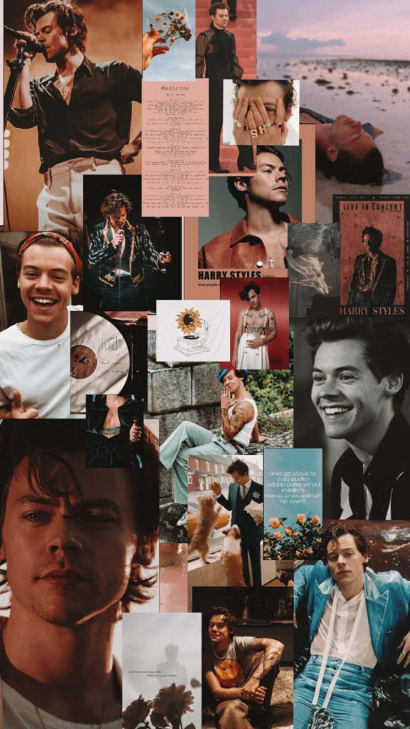 Vibrant Harry Styles Collage: Iconic Moments & Stunning Transformations Wallpaper