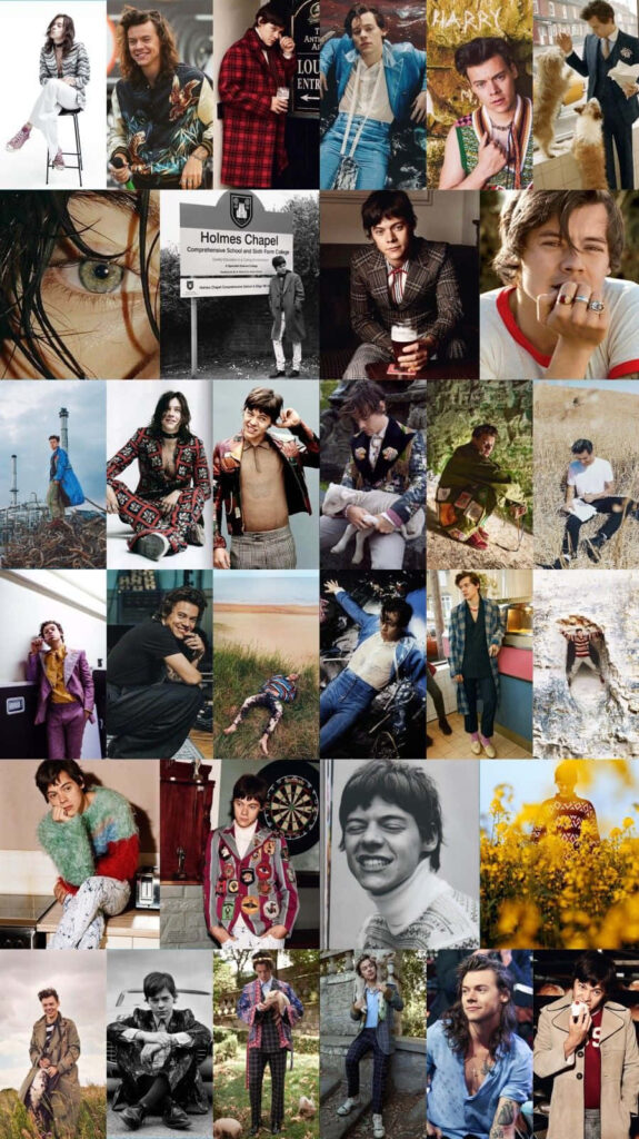Vibrant Harry Styles Collage: Stylish Outfits & Unique Fashion Wallpaper