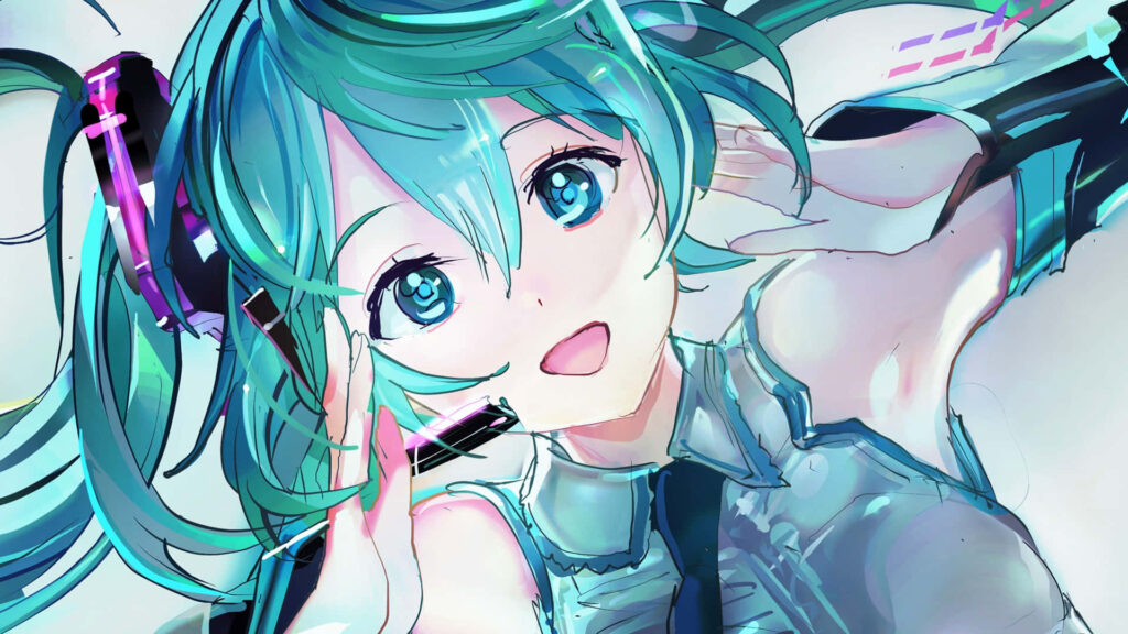 Vibrant Hatsune Miku Digital Art Wallpaper with Turquoise Twin-Tails