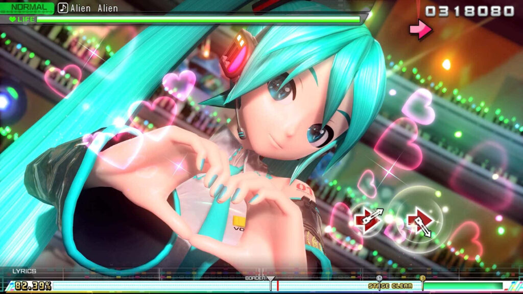 Hatsune Miku Wallpaper: Colorful Rhythm Game Screenshot with Heart Gesture