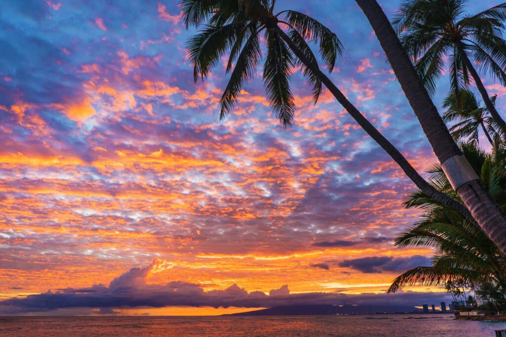 Tropical Hawaiian Sunset: Vibrant Orange and Purple Sky Background Wallpaper