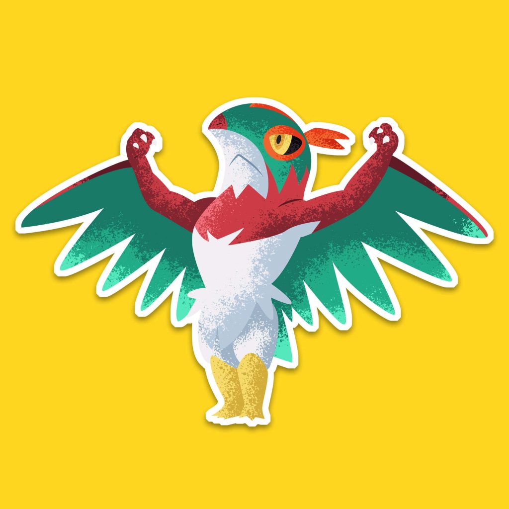Hawlucha Pokémon vibrant digital illustration sticker style bold yellow background wallpaper