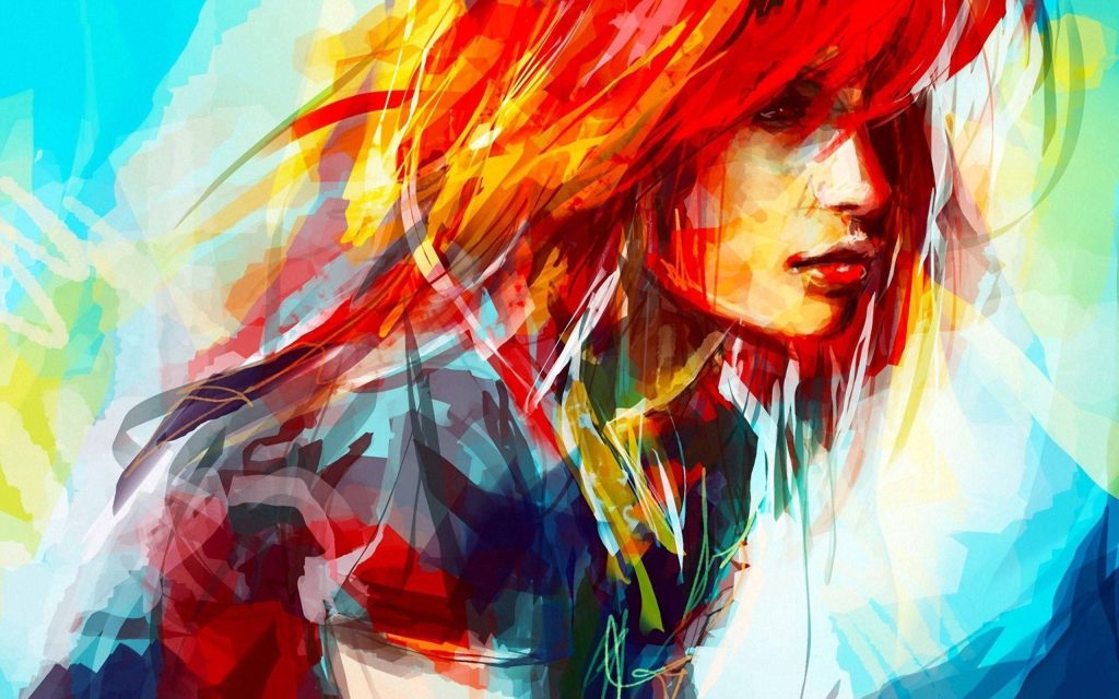 Vibrant digital fanart of Hayley Williams with red hair against blue and yellow abstract background Wallpaper