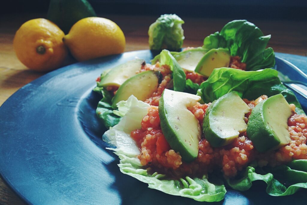 Vibrant Healthy Dinner Wallpaper: Rice, Veggies & Avocado Delight
