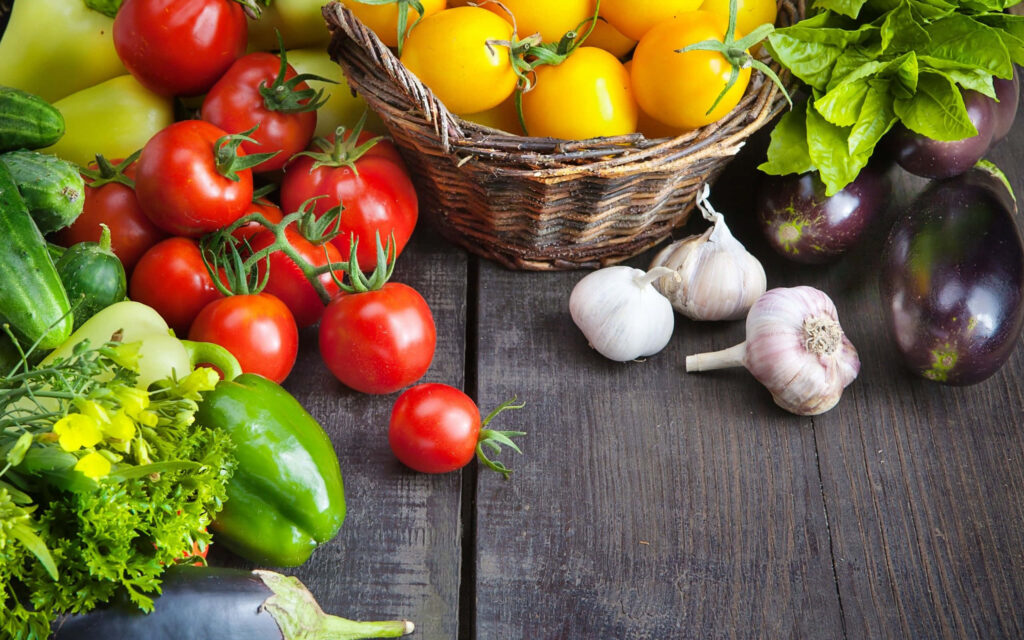 Vibrant Healthy Food Wallpaper: Colorful Veggies on Rustic Wood