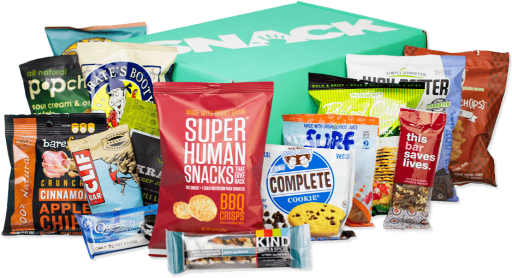 Vibrant Healthy Snack Variety: Protein Bars, Chips & More in Teal Box Wallpaper