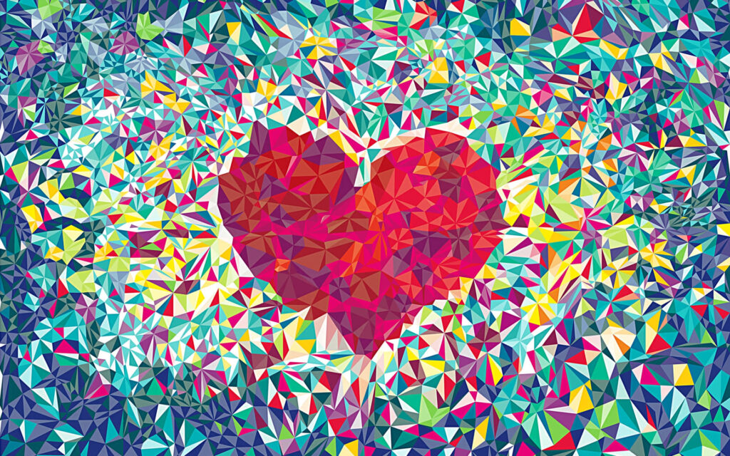 Vibrant Heart Mosaic Wallpaper: Colorful Triangular Pattern Design