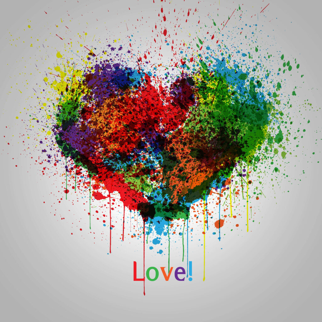 Vibrant Heart-Shaped Artwork: Colorful Paint Splatter Wallpaper