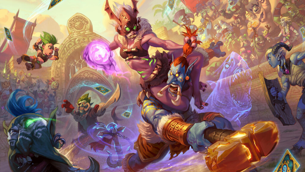 Vibrant Hearthstone Battle Wallpaper: Dynamic Scene from Rastakhan's Rumble