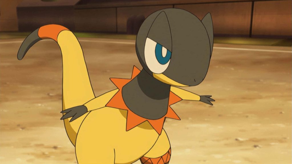 Vibrant anime wallpaper of Electric-type Pokémon Helioptile with yellow body and orange frill