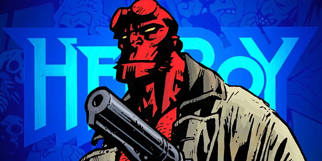 Vibrant Hellboy Wallpaper: Iconic Red Hero Against Bold Blue Background