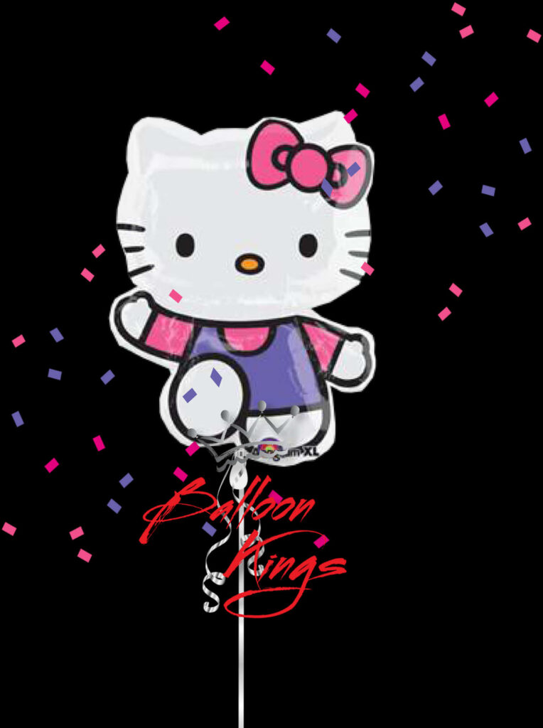 Vibrant Hello Kitty Wallpaper with Balloon & Confetti on Black Background