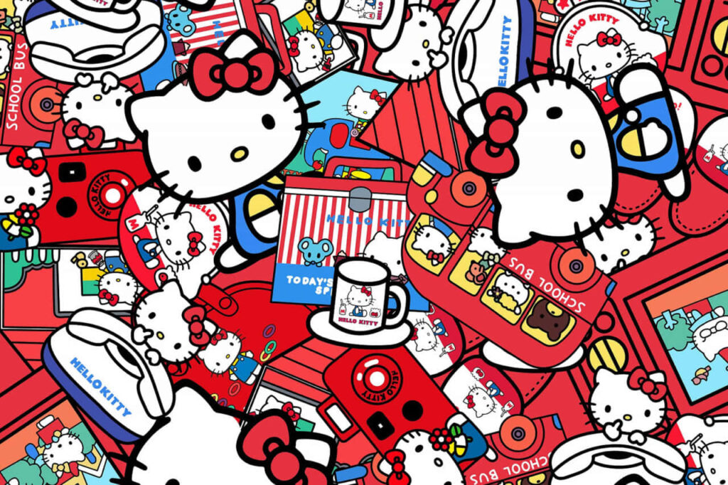 Hello Kitty Dynamic Wallpaper: Playful Collage in Red, White & Blue