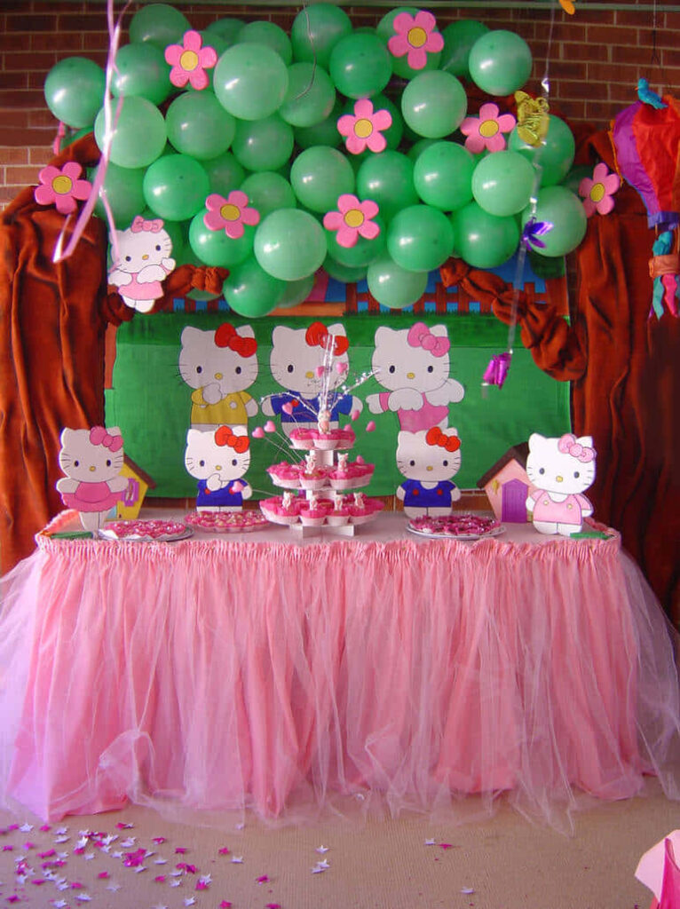 Festive Hello Kitty Party Wallpaper with Colorful Green Balloons